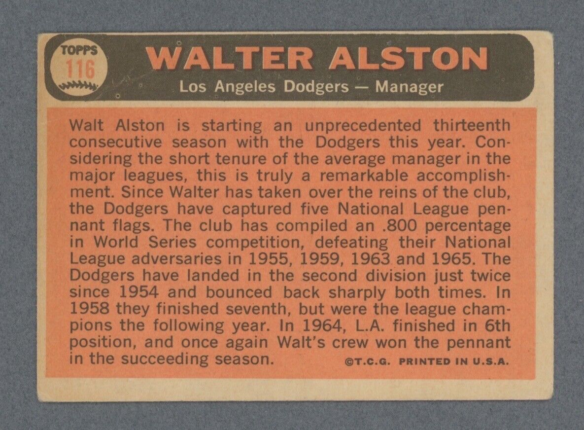 Walt Alston Signed 1966 Topps Card #116 Auto with B&E Hologram