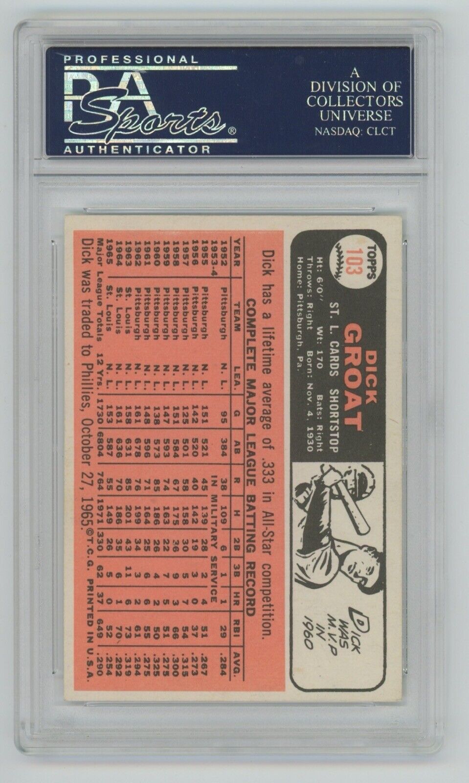 Dick Groat • trade variation • 1966 Topps Card #103 • PSA 5.5 EX+