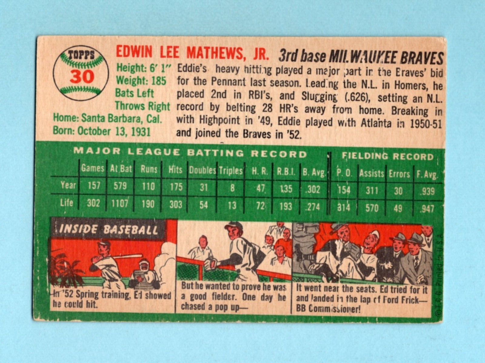 1954 Topps #30 Ed Mathews Milwaukee Braves Baseball Card Vg/Ex