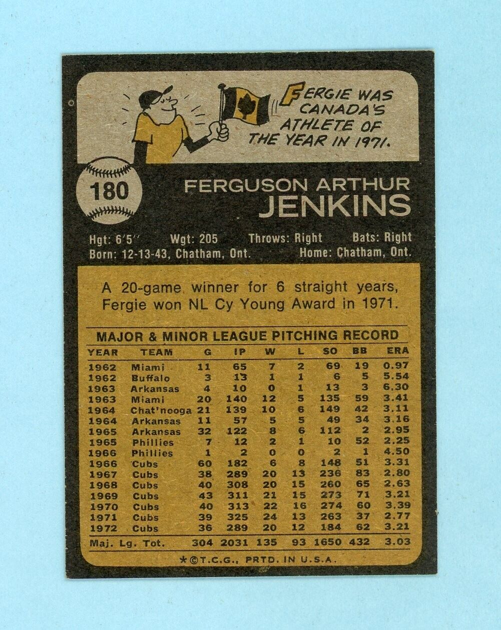 1973 Topps #180 Fergie Jenkins Chicago Cubs Baseball Card NM