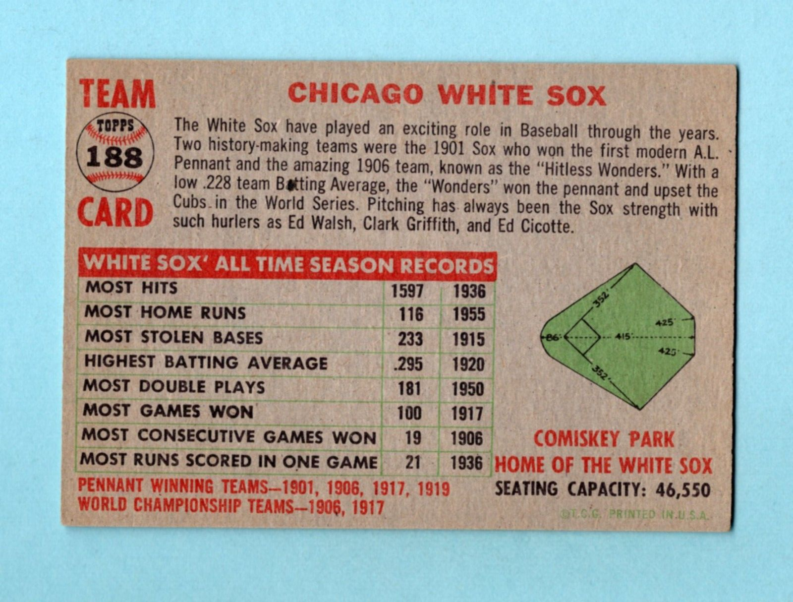 1956 Topps #188 Chicago White Sox Team Baseball Card Ex+ - Ex/Mt o/c