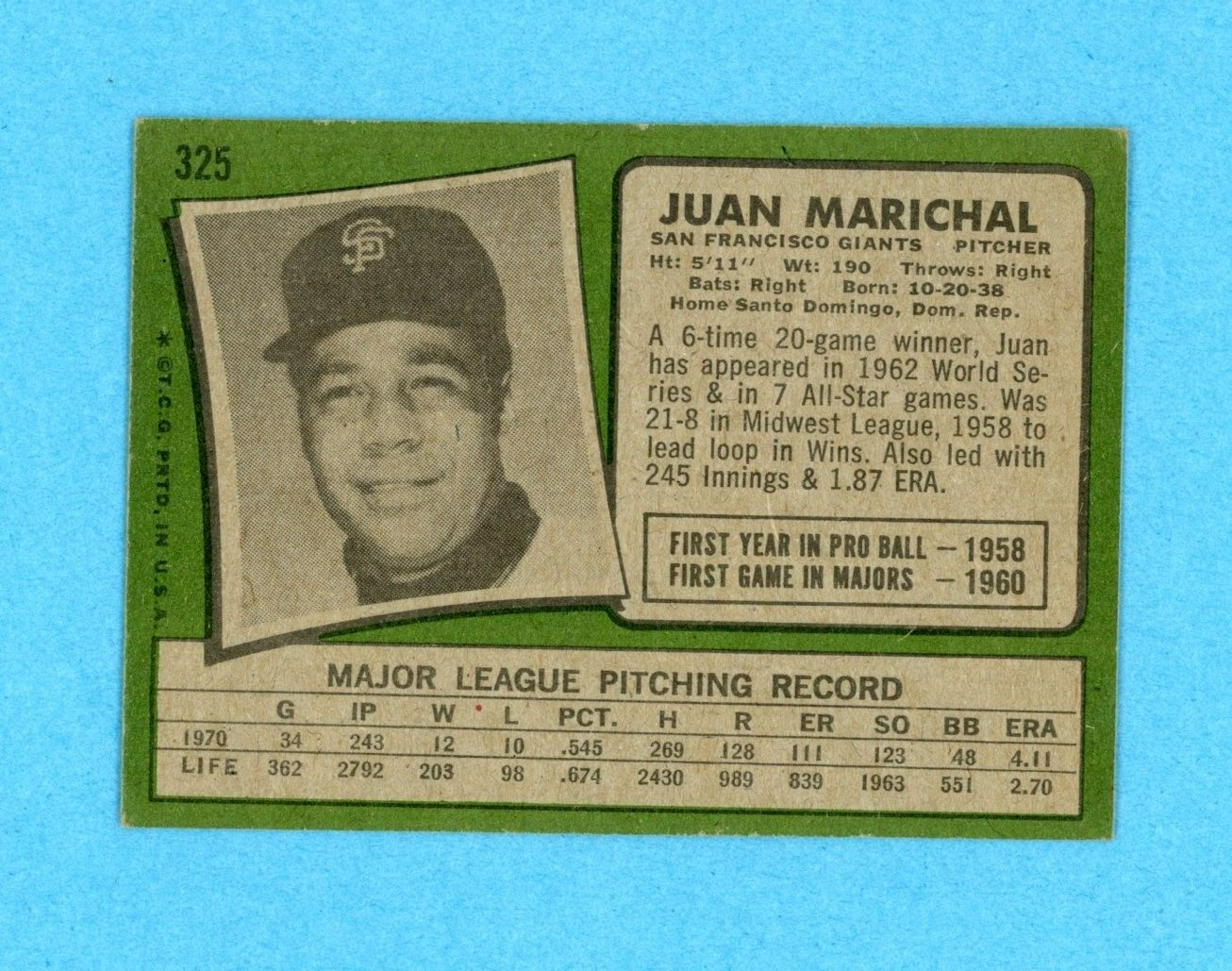 1971 Topps #325 Juan Marichal San Francisco Giants Baseball Card EX