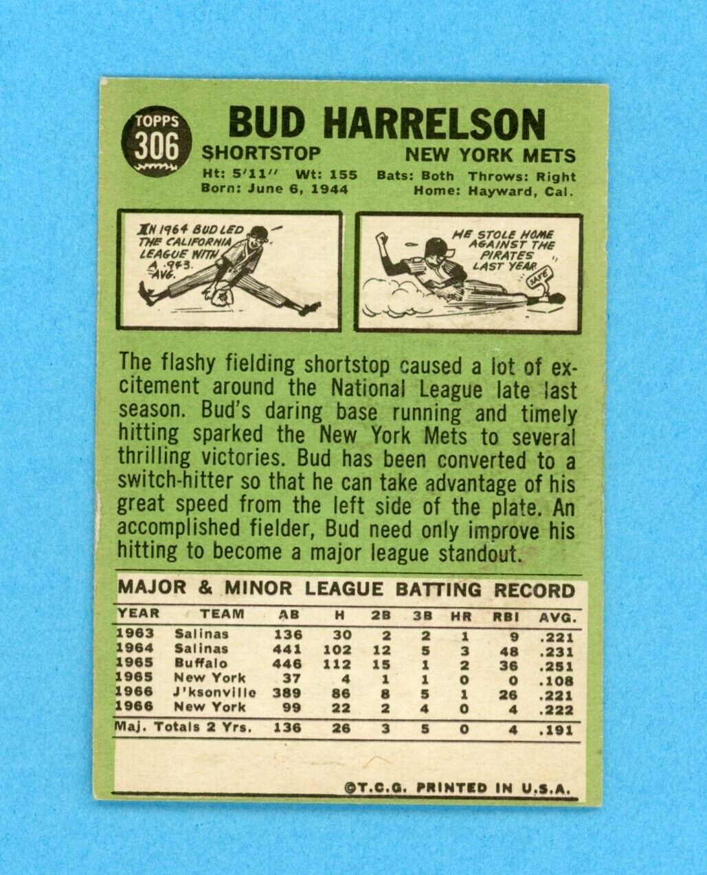 1967 Topps #306 Bud Harrelson New York Mets Rookie Baseball Card Ex/Mt