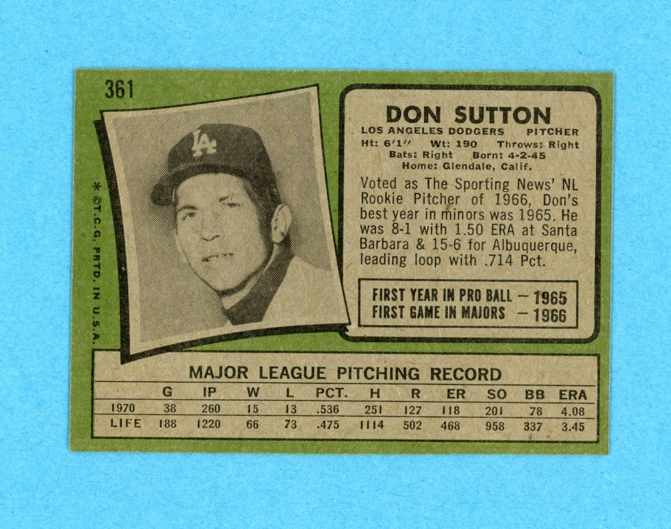 1971 Topps #361 Don Sutton Los Angeles Dodgers Baseball Card NM