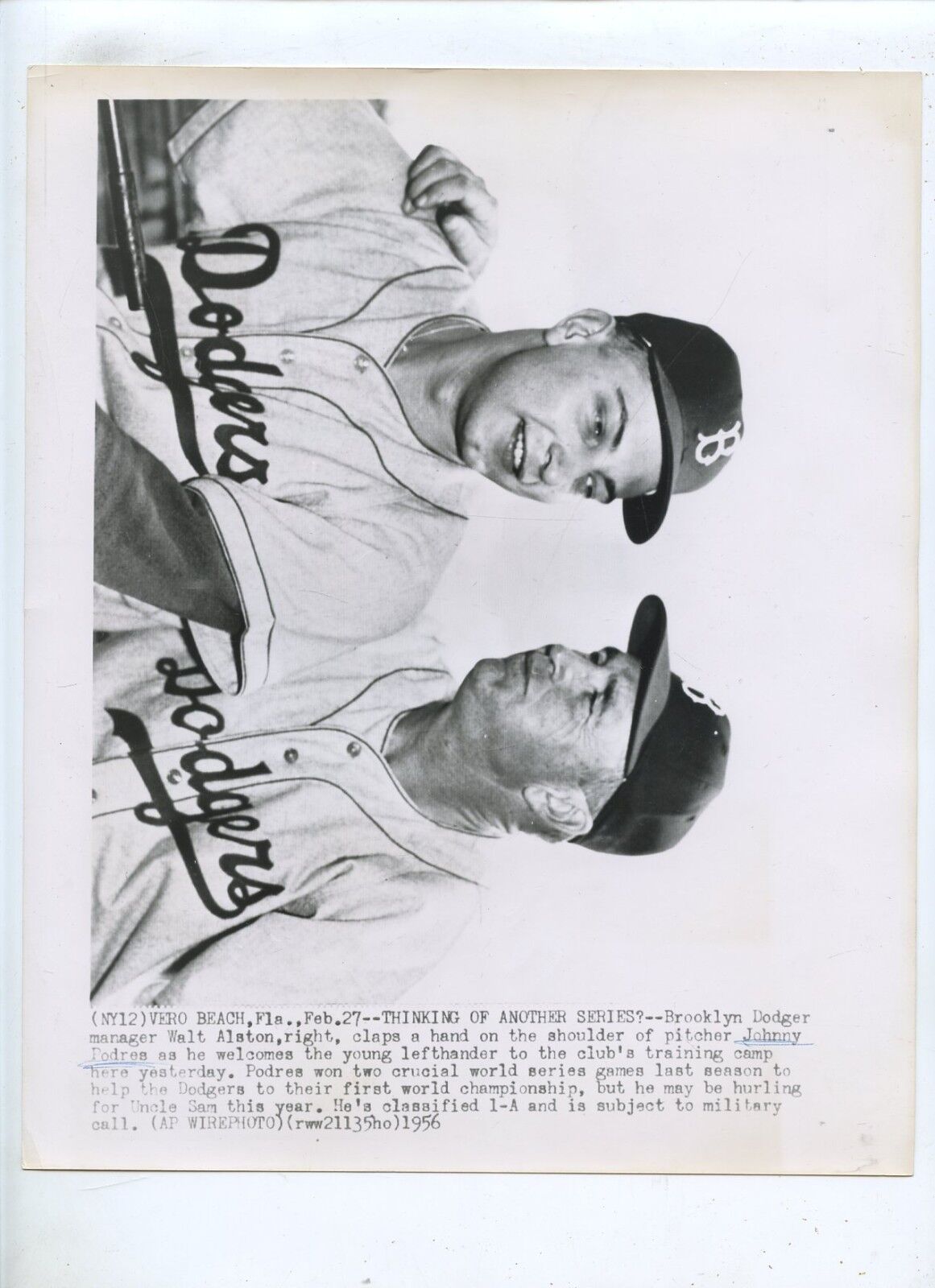 Original Feb 27 1956 Johnny Podres & Walter Alston Brooklyn Dodgers Wire Photo