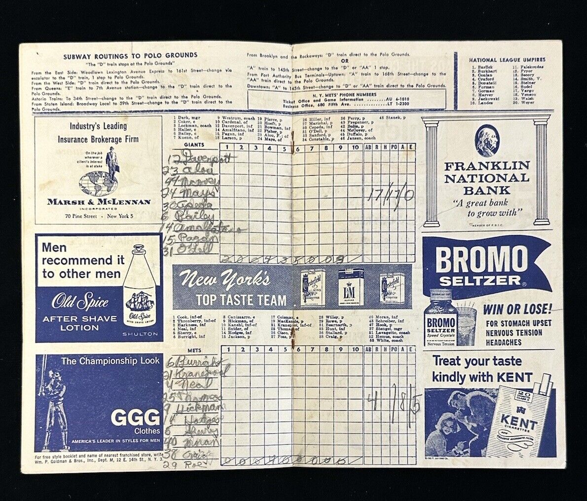 May 4, 1963 New York Mets Baseball Program vs SF Giants Partially Scored VG+