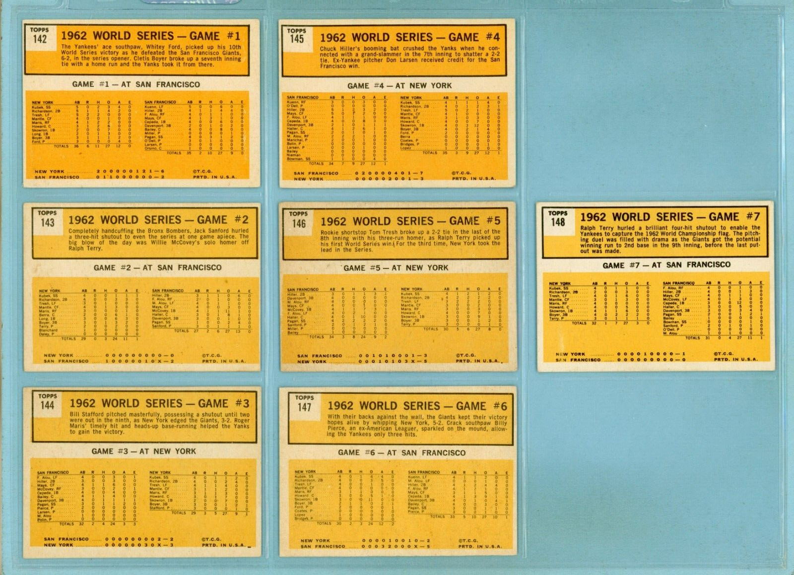 1963 Topps Set of 7 1962 World Series Special Baseball Cards Vg/Ex - EX