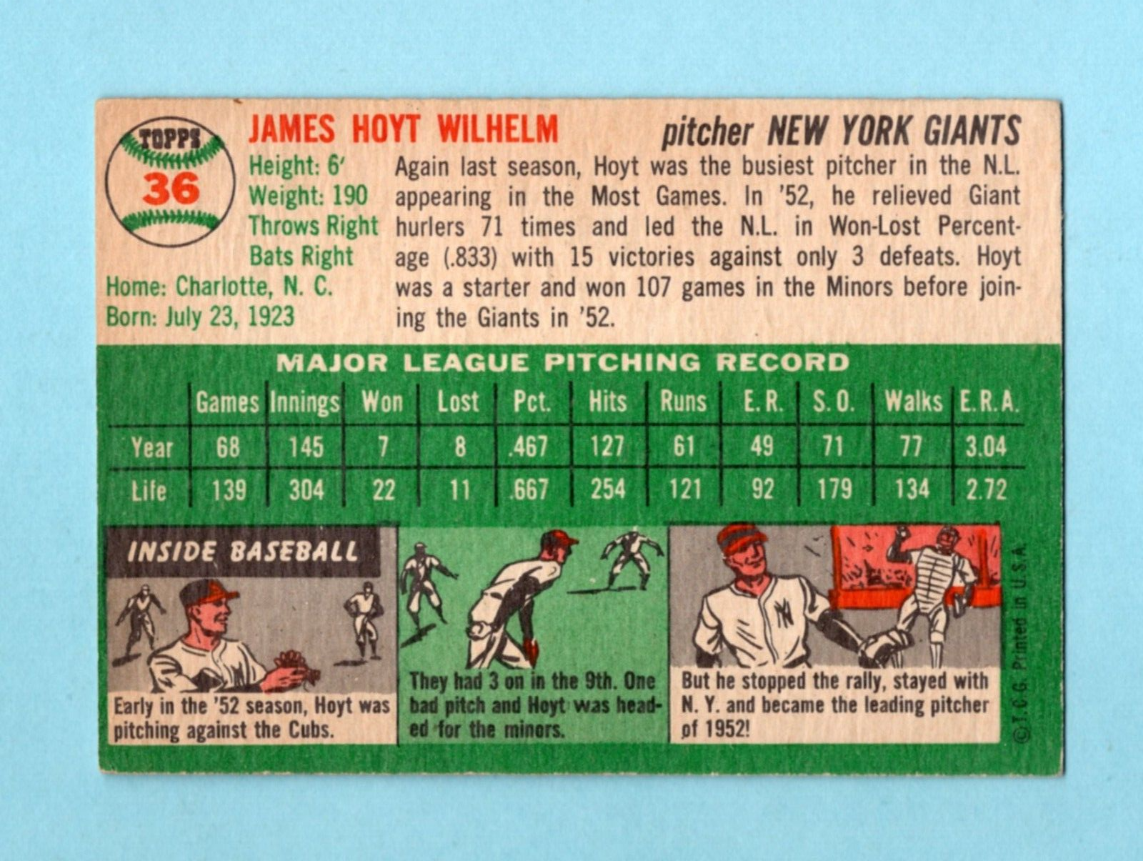 1954 Topps #36 Hoyt Wilhelm New York Giants Baseball Card EX+ - Ex/Mt app lwtl