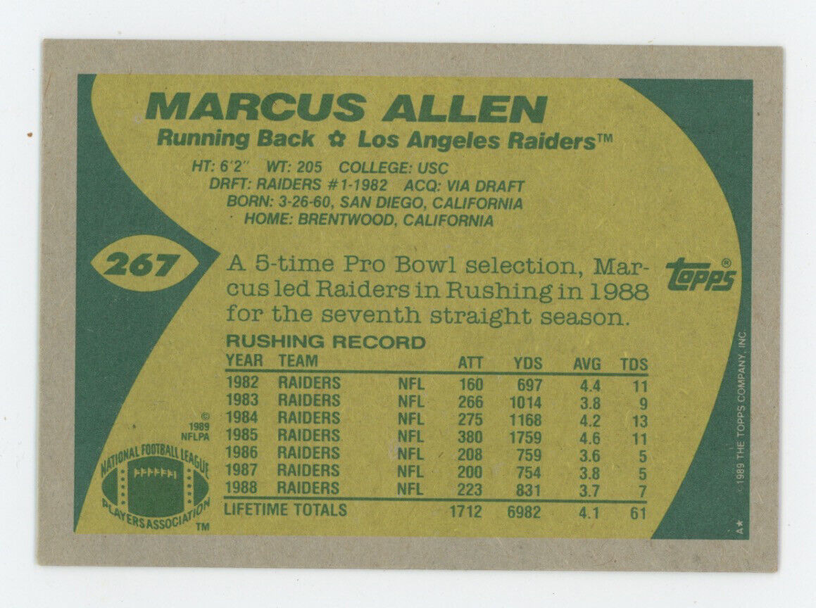 Marcus Allen Raiders Signed 1989 Topps Card #267 Auto with B&E Hologram