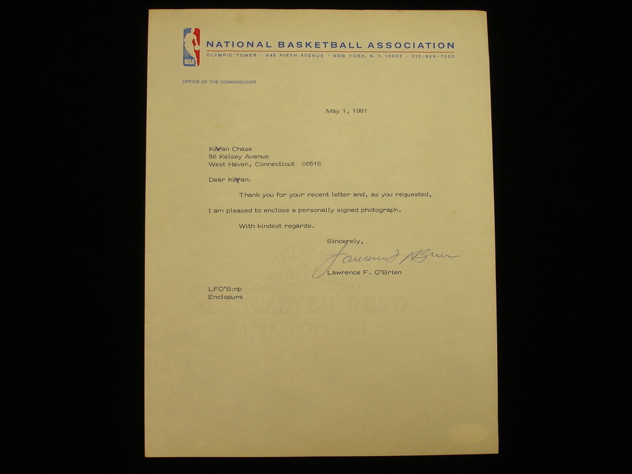 Lawrence O'Brien Autographed 1981 NBA Stationary - JSA