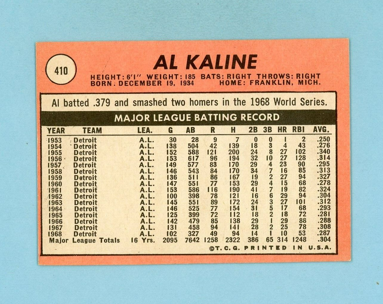 1969 Topps #410 Al Kaline Detroit Tigers Baseball Card EX+