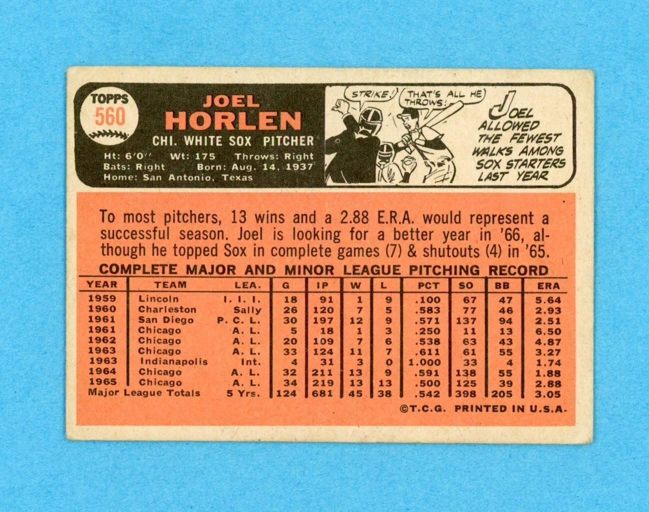 1966 Topps #560 Joel Horlen Chi White Sox High Number Baseball Card Low Grade