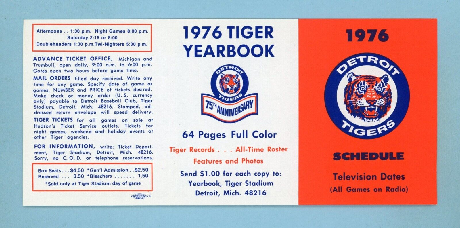 1976 Detroit Tigers Pocket Schedule NM (not folded)