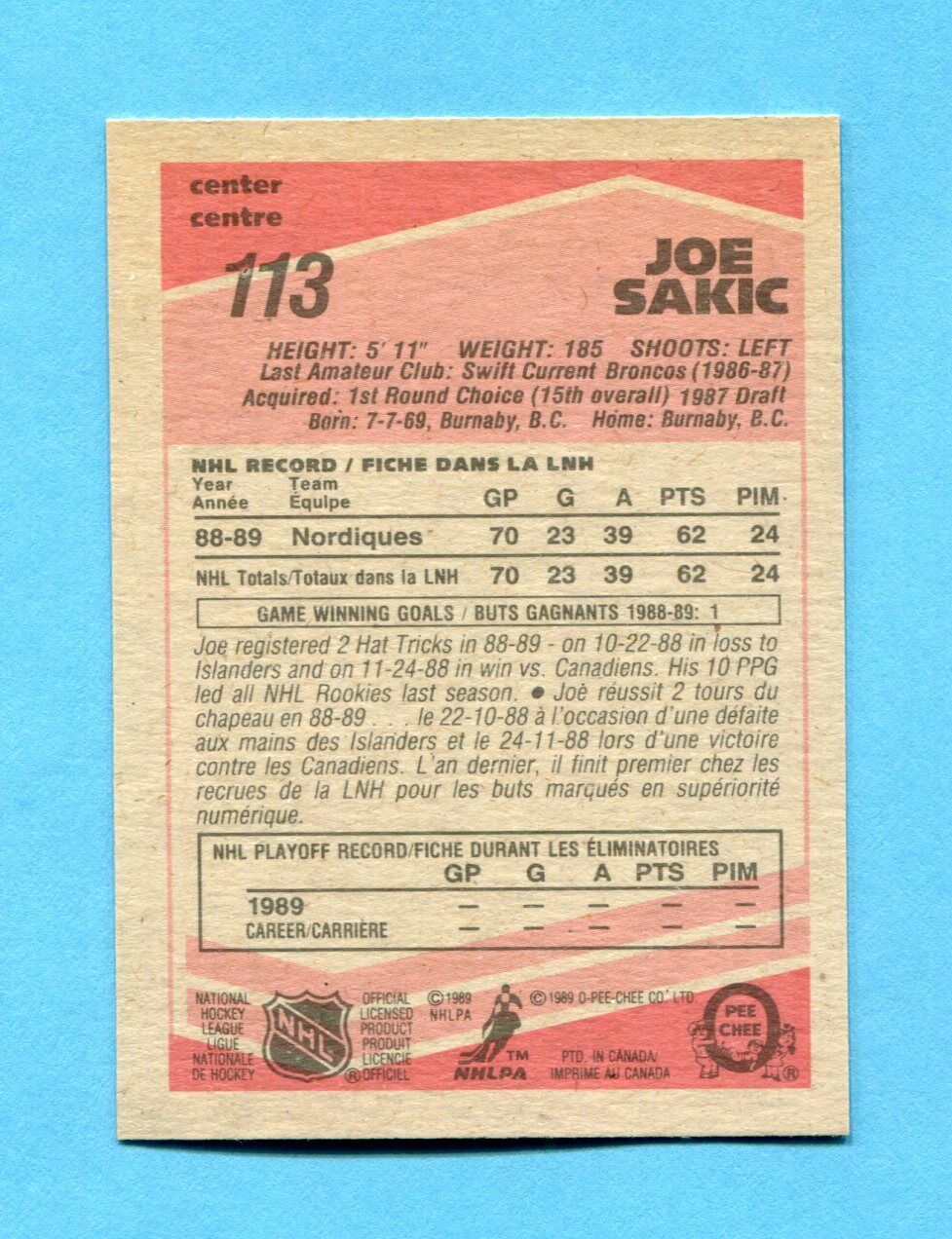 1989-90 O-Pee-Chee #113 Joe Sakic Quebec Nordiques Rookie Hockey Card NM  