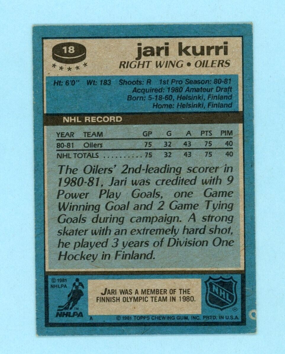 1981-82 Topps #18 Jari Kurri Edmonton Oilers Rookie Hockey Card EX - EX+