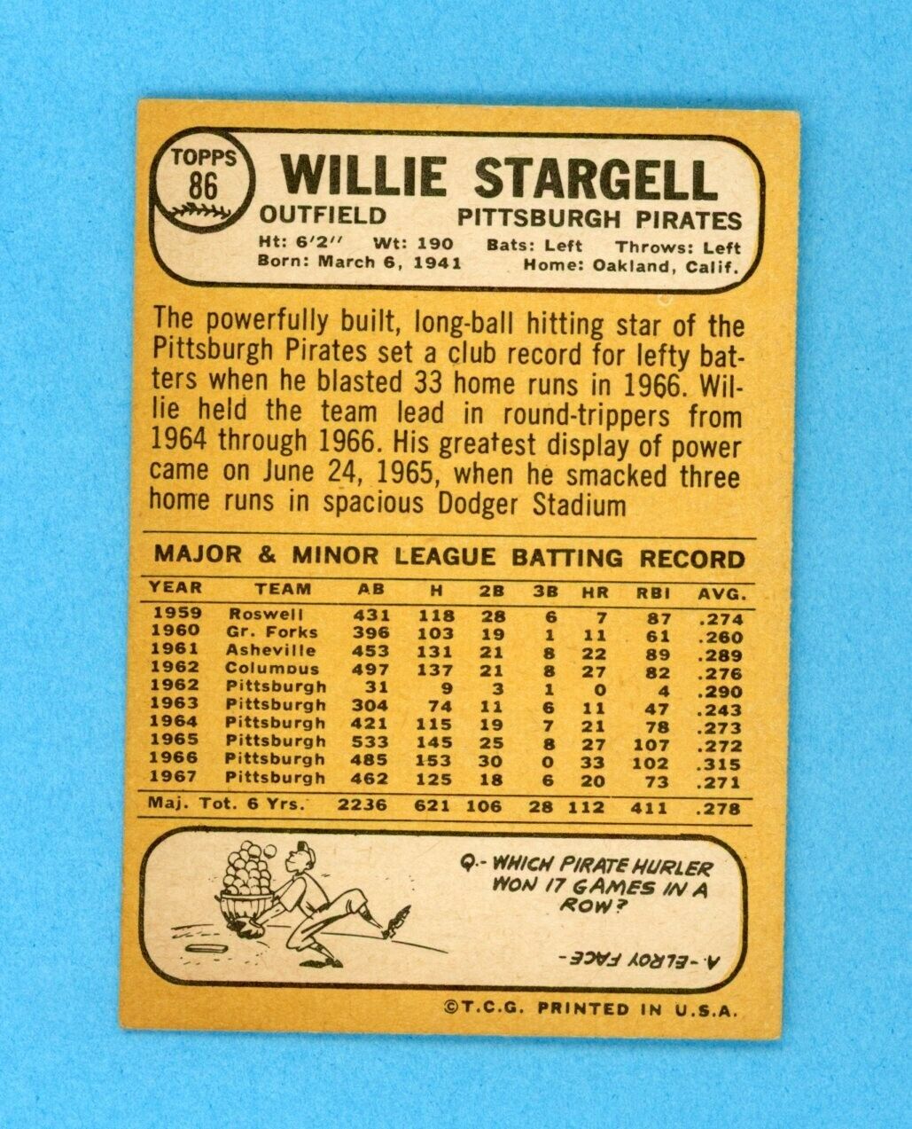 1968 Topps #86 Willie Stargell Pittsburgh Pirates Baseball Card EX+