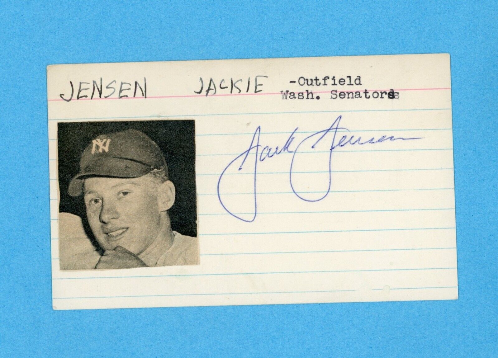 Jackie Jensen Signed Index Card • Auto w B&E Hologram