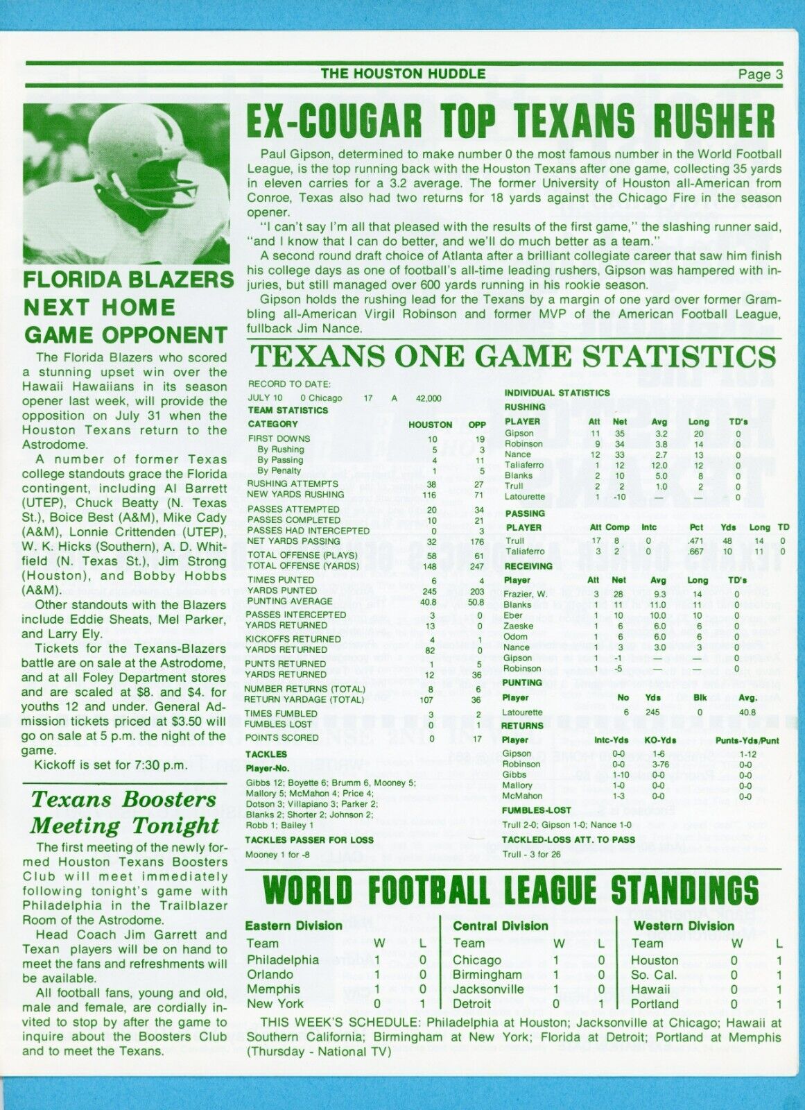 July 17, 1974 Vol. 1 No. 1 The Houston Huddle WFL Houston Texans Newsletter