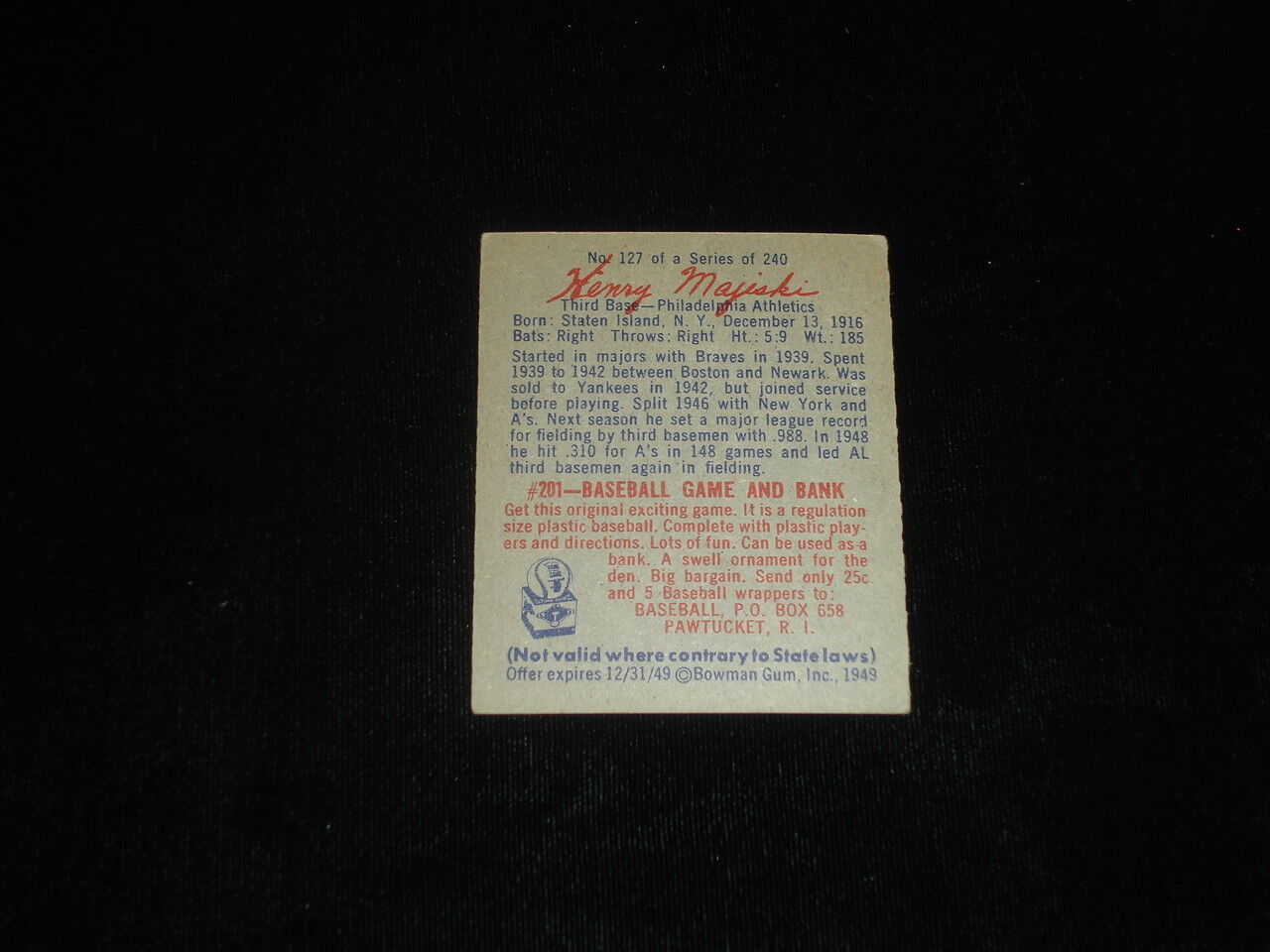 1949 Bowman Baseball Card-Henry Majeski-Athletics-Script Name on Back-#127a-EX