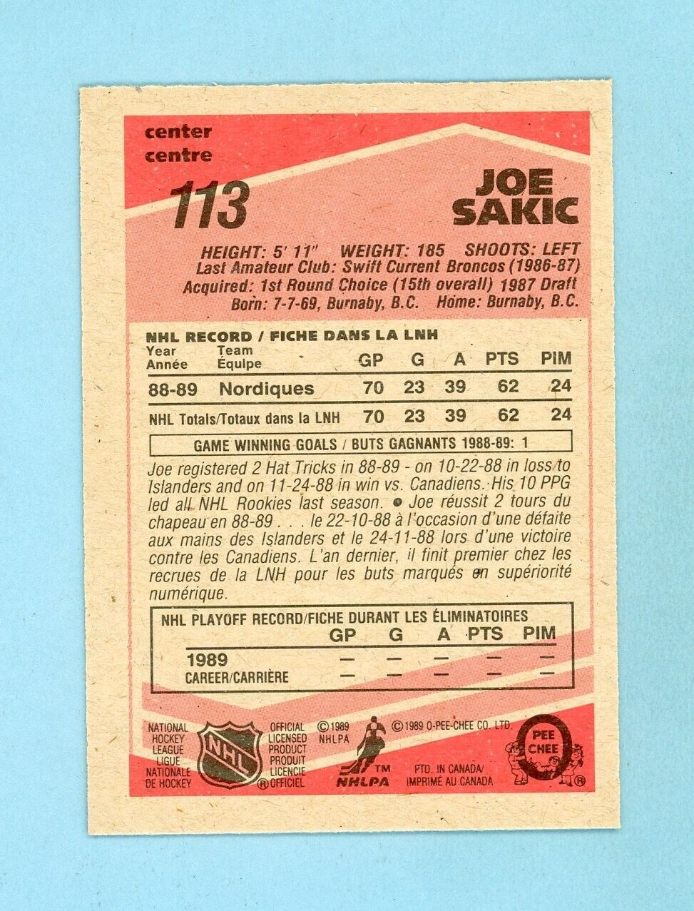 1989-90 OPC #113 Joe Sakic Quebec Nordiques Rookie Hockey Card NM