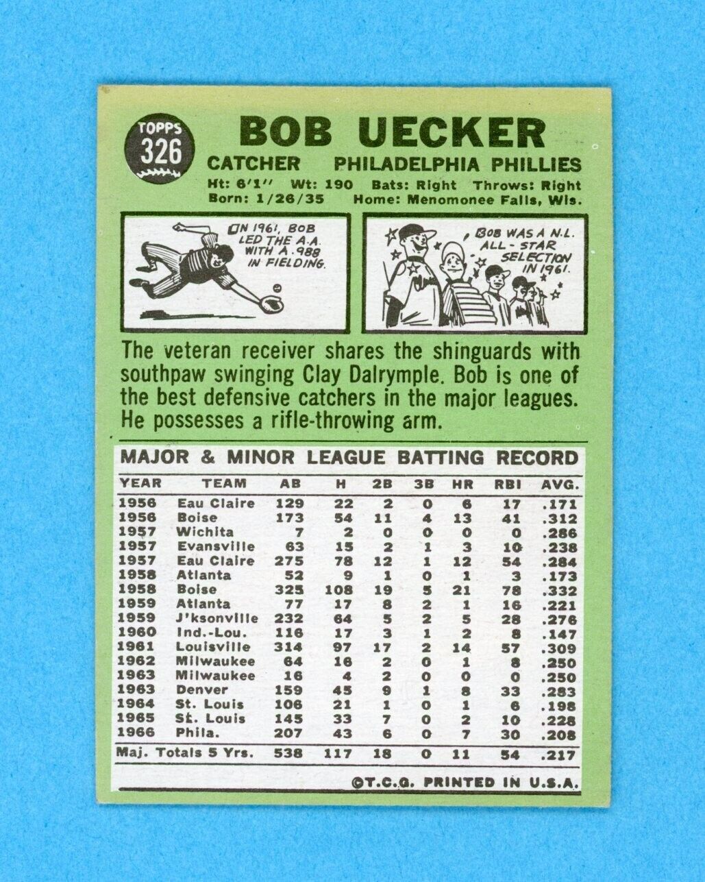 1967 Topps #326 Bob Uecker Philadelphia Phillies Baseball Card Ex/Mt - NM o/c