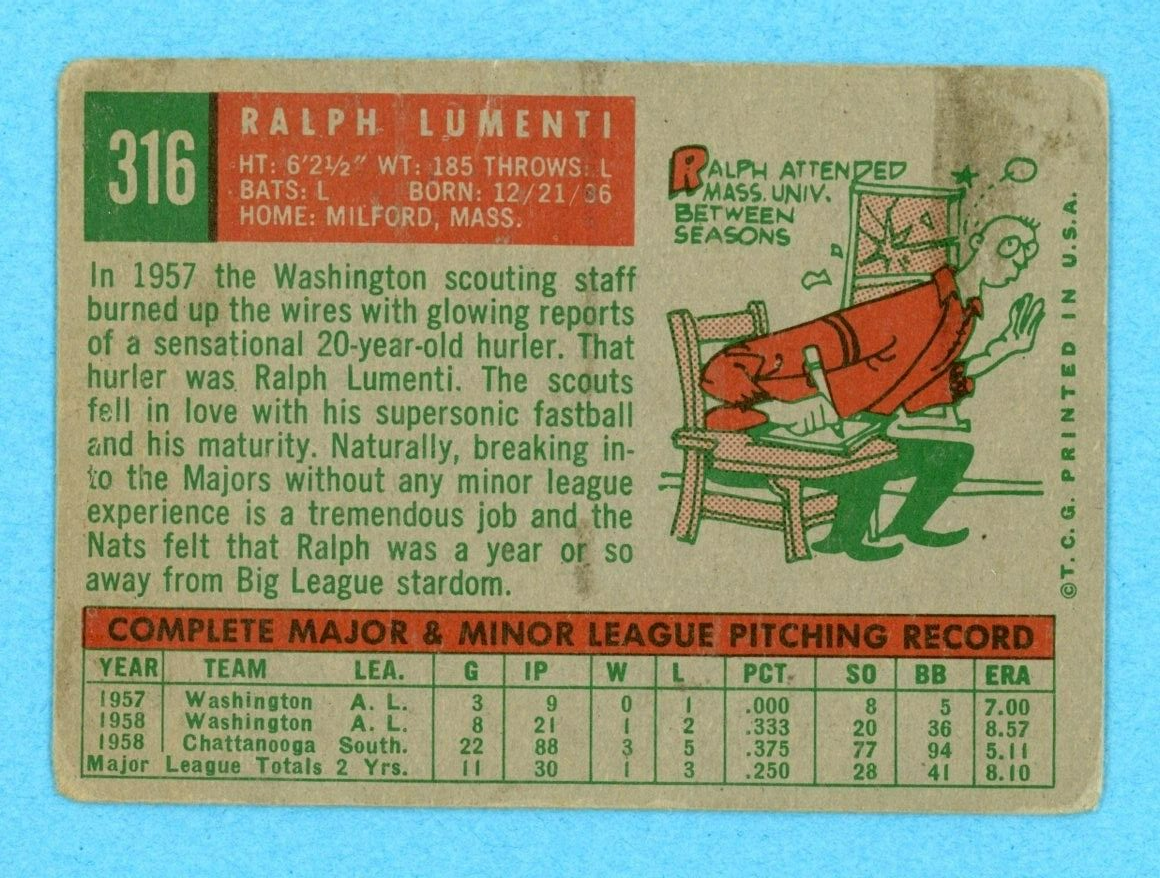 1959 Topps #316 Ralph Lumenti Washington Senators Baseball Card Low Grade