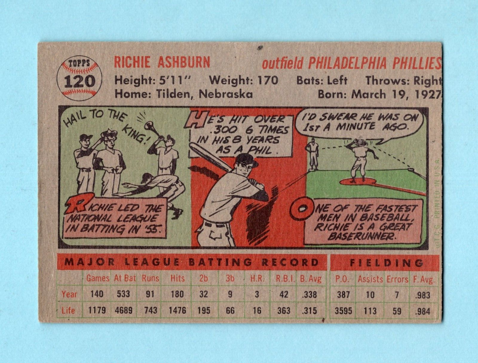 1956 Topps #120 Richie Ashburn Philadelphia Phillies Baseball Card Low Grade