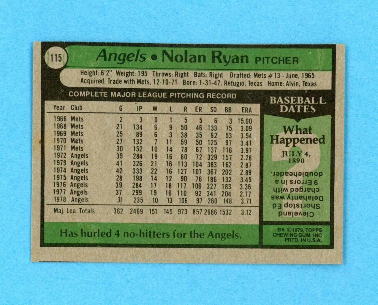 1979 Topps #115 Nolan Ryan California Angels Baseball Card Ex/Mt o/c lilse
