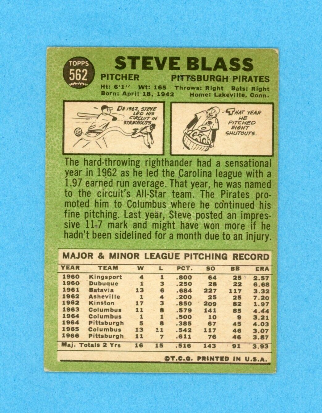 Steve Blass Signed 1967 Topps Hi# Card #562 Auto with B&E Hologram