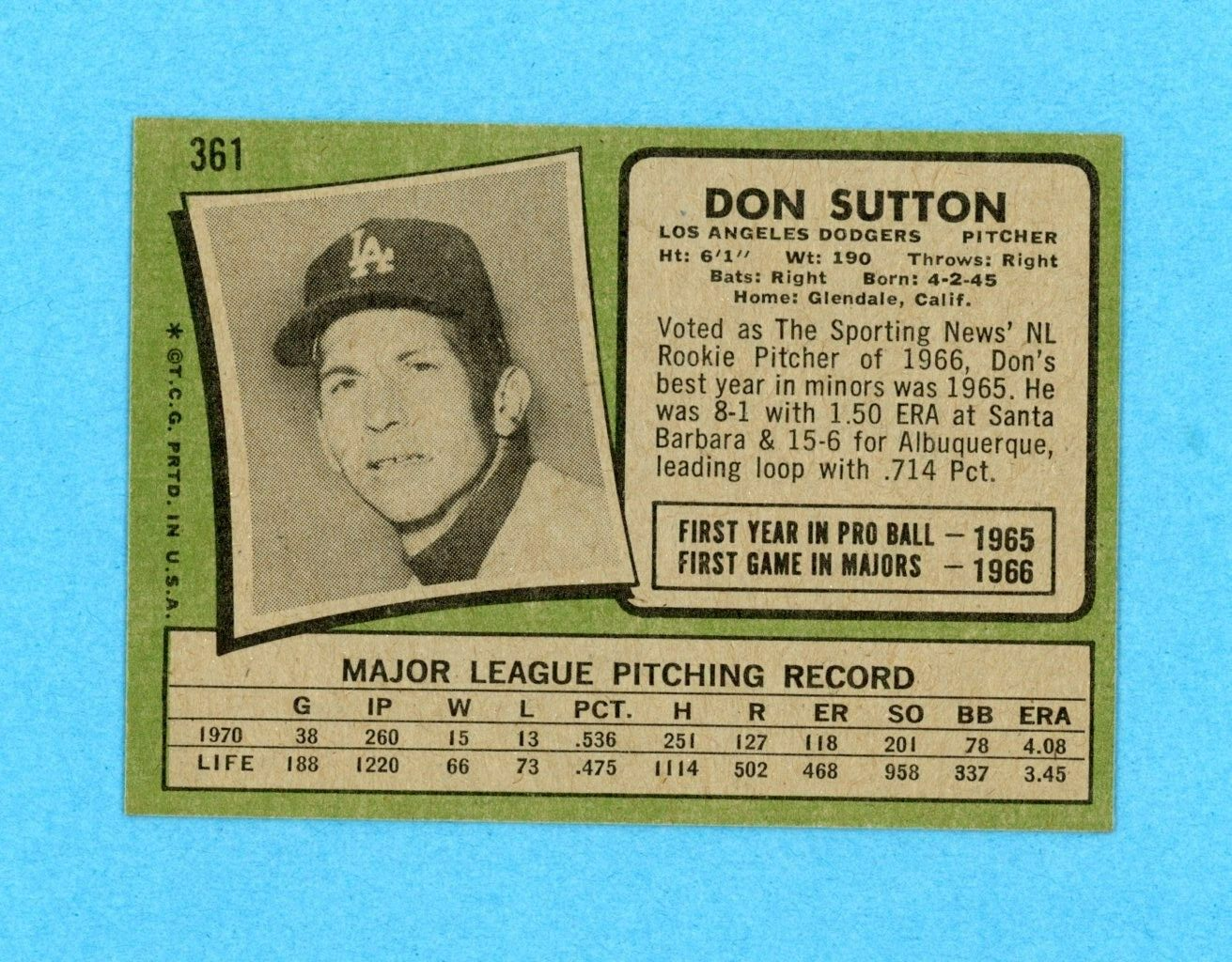 1971 Topps #361 Don Sutton Los Angeles Dodgers Baseball Card Ex/Mt - NM