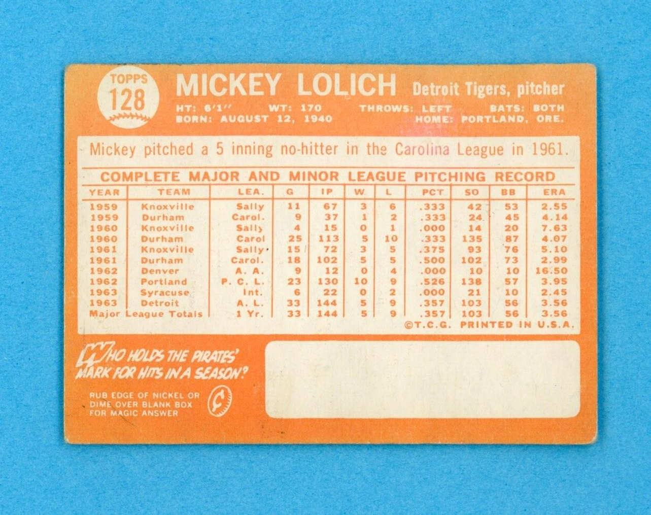 1964 Topps #128 Mickey Lolich Detroit Tigers Rookie Baseball Card VG - VG+