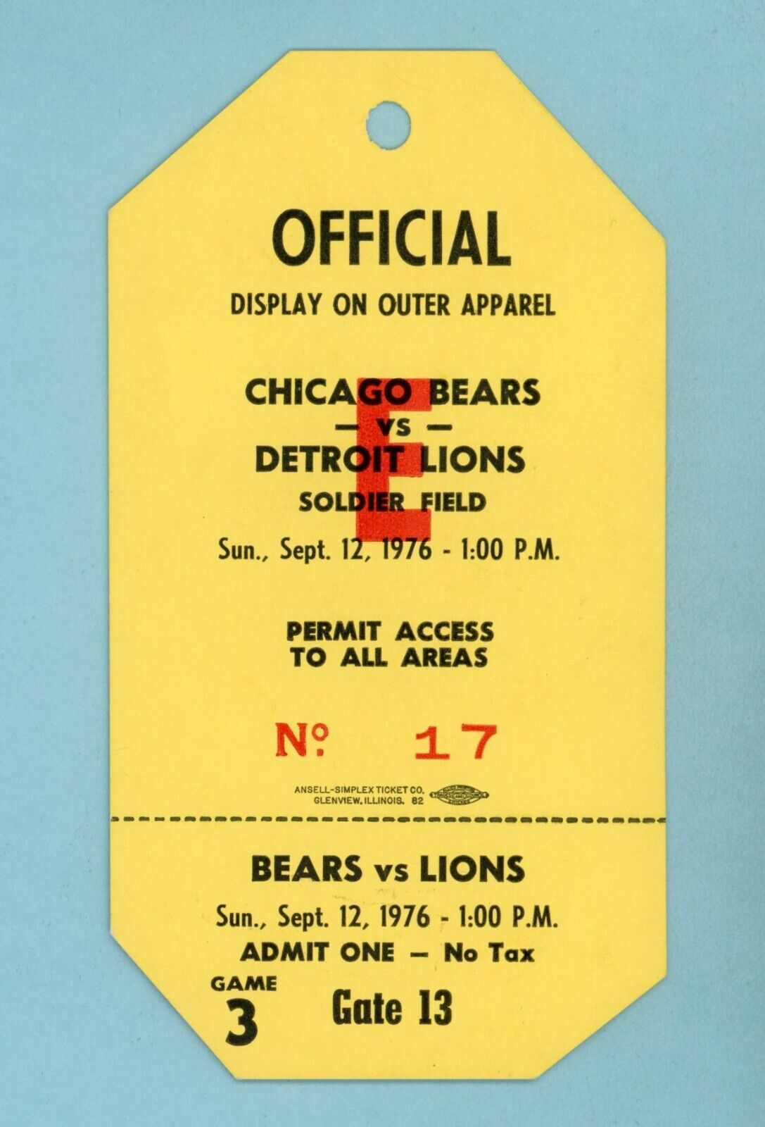 Sept. 12, 1976 NFL Detroit Lions vs Chicago Bears Stadium Pass Walter Payton