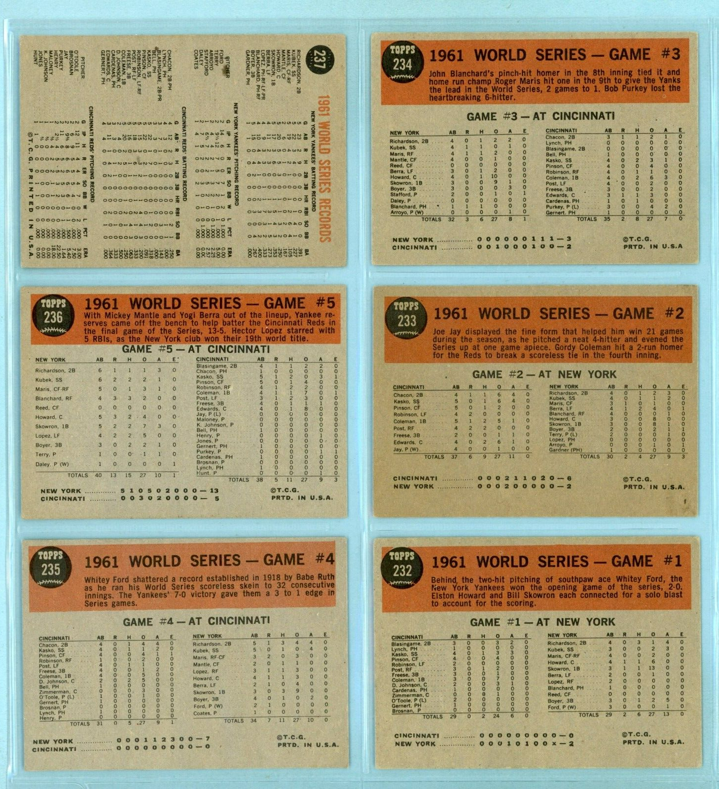 1962 Topps Set of 6 1961 World Series Special Baseball Cards Vg/Ex - Ex