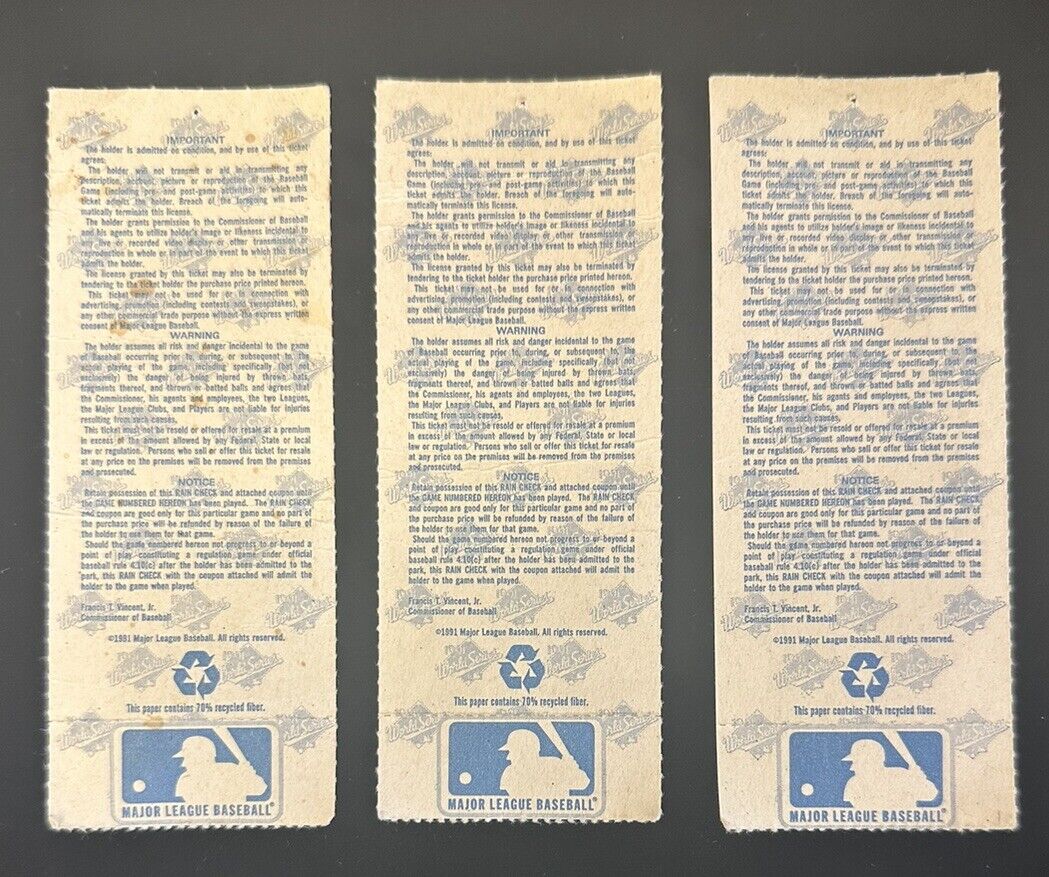 Lot of 3 Diff 1991 Atlanta Braves World Series Ticket Stubs Game 3,4,5 vs Twins