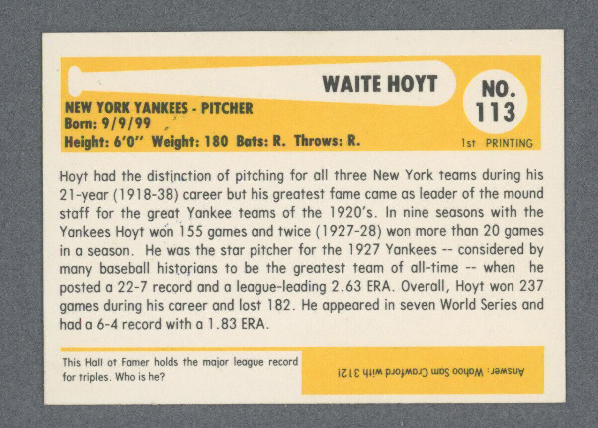 Waite Hoyt 1980 Baseball Immortals Card Auto with B&E Hologram