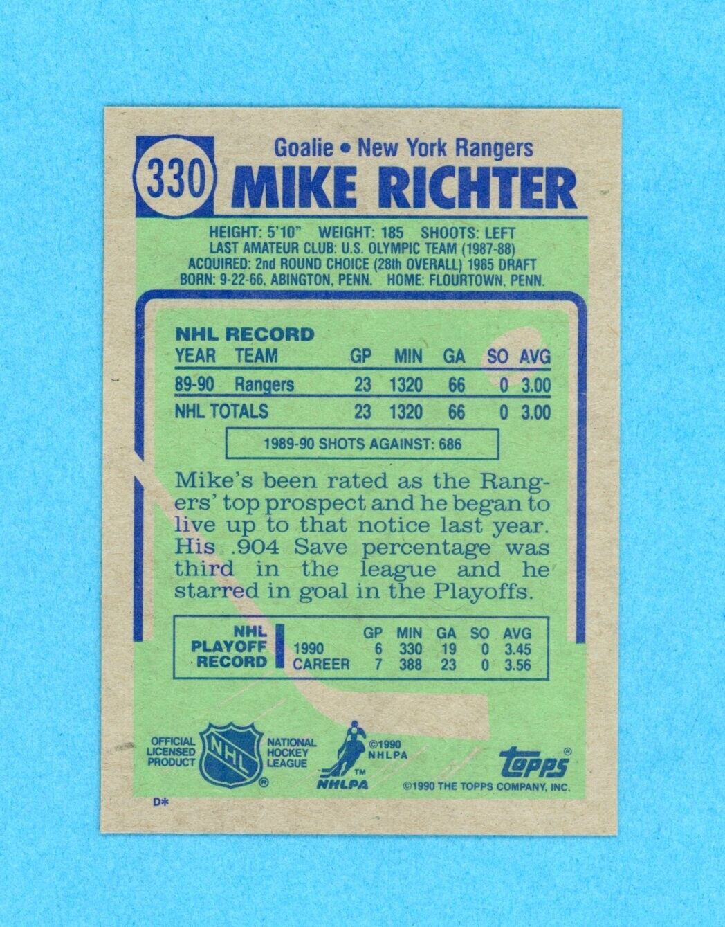 Mike Richter New York Rangers 1990-91 Topps #330 Autographed Rookie Hockey Card