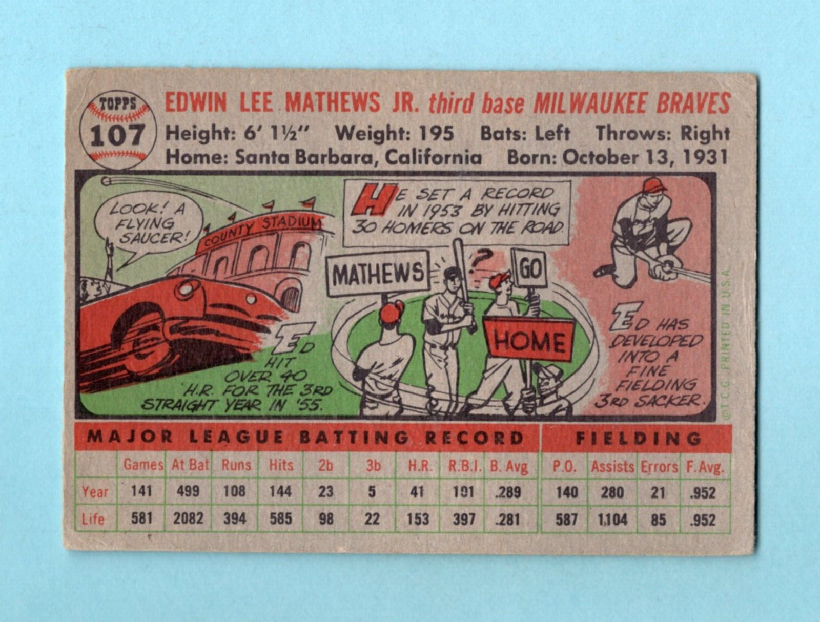 1956 Topps #107 Eddie Mathews Milwaukee Braves Baseball Card VG-VG+