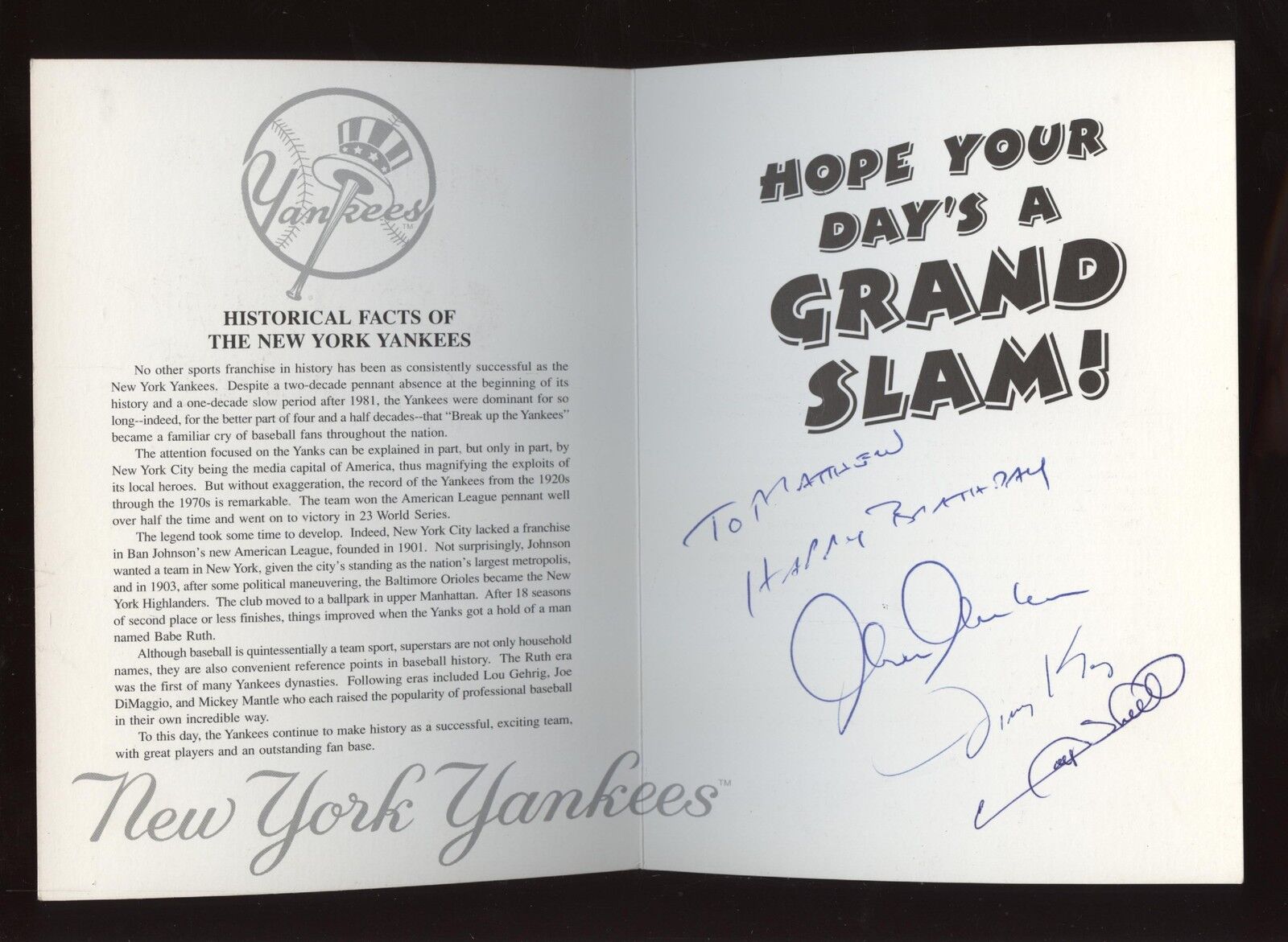 New York Yankees Autographed Fan Card Sheffield Key Chambliss  B & E Hologram