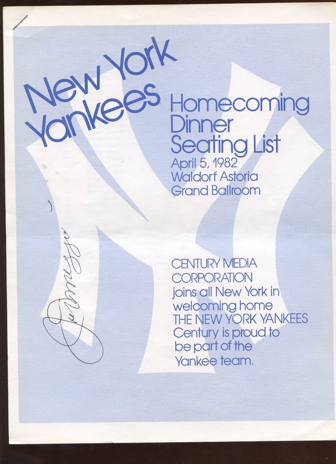 1982 New York Yankees Homecoming Dinner Program Joe DiMaggio Autographed JSA LOA