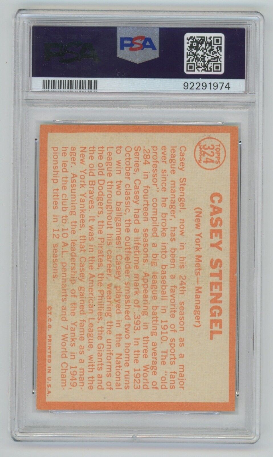 Casey Stengel • 1964 Topps #324 • PSA 4 VG-EX