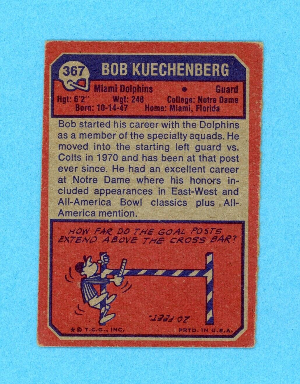 Bob Kuechenberg Miami Dolphins Rookie 1973 Topps #367 Autographed Football Card