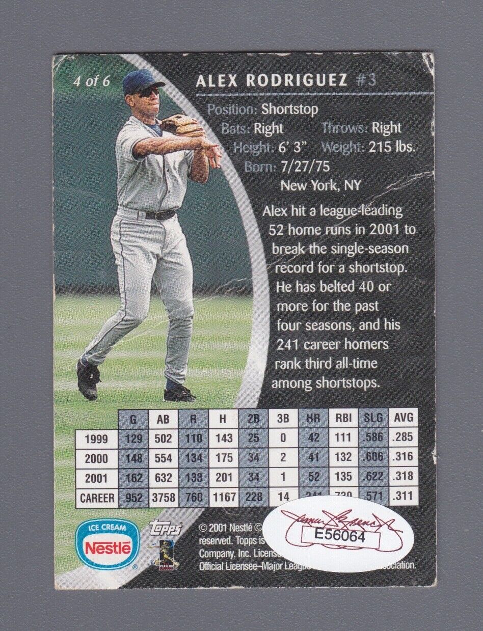 Alex Rodriguez Signed 2001 Topps Nestles Card #4 Low Grade w JSA Certification