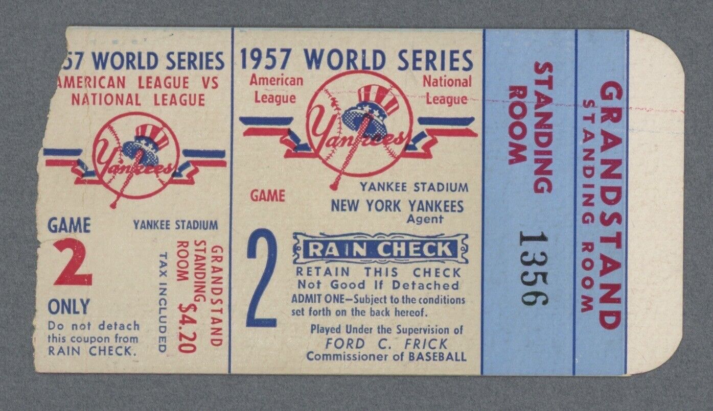 1957 World Series Ticket Stub NY Yankees vs Milwaukee Braves at Yankee Stadium