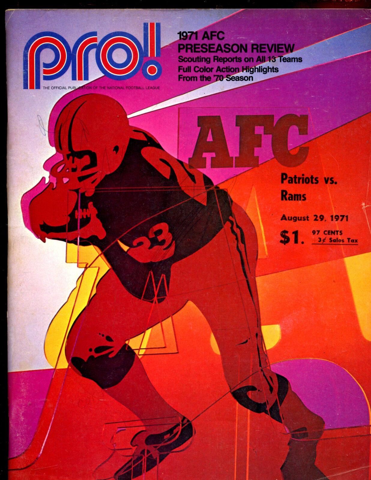 August 29 1971 NFL Football Program Patriots vs Los Angeles Rams VGEX