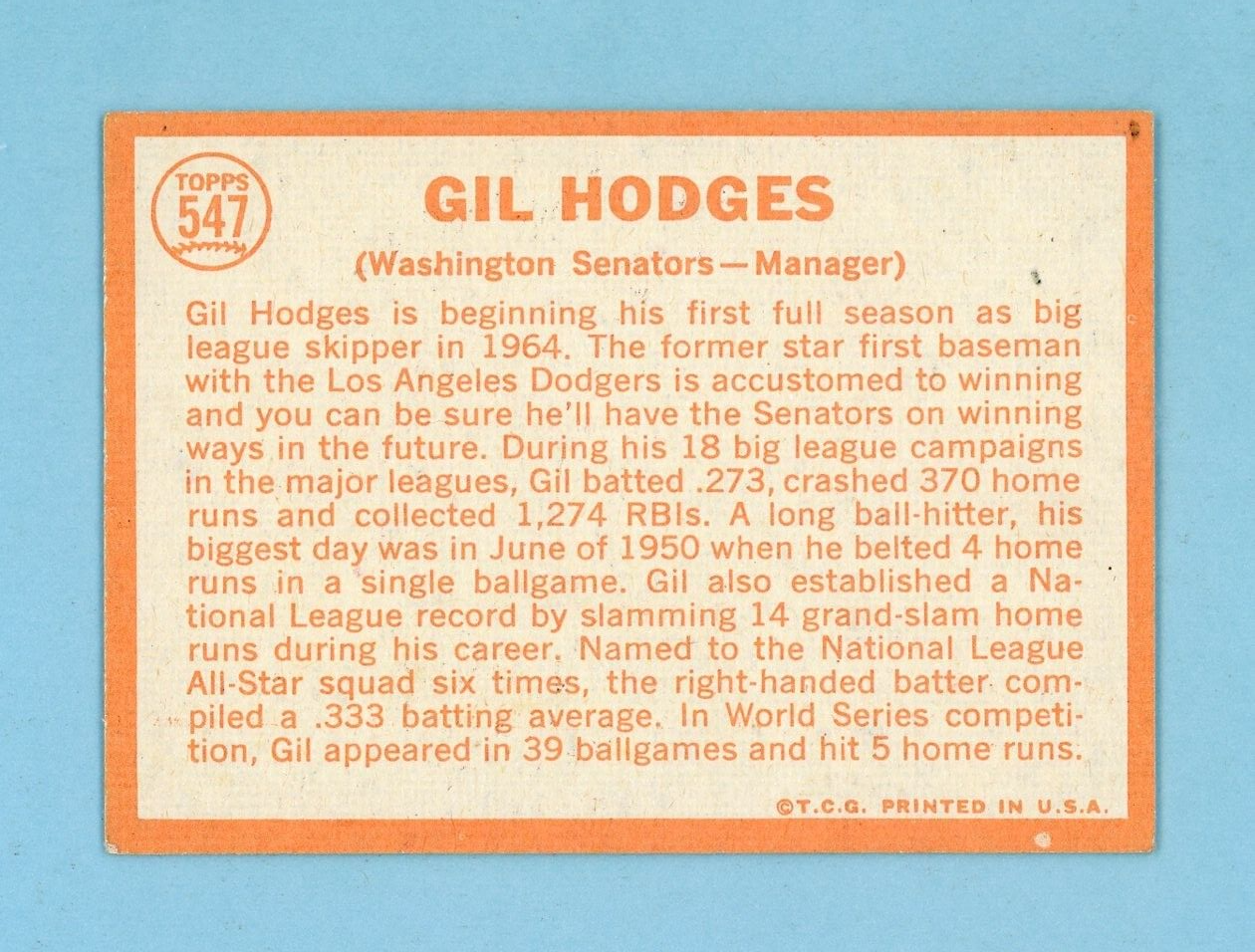 1964 Topps #547 Gil Hodges Wash Senators High Number Baseball Card EX++