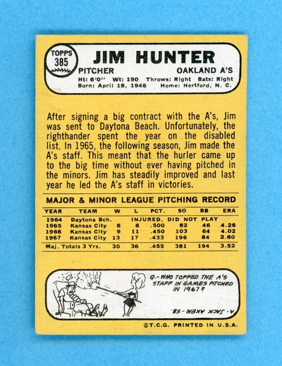 1968 Topps #385 Jim Catfish Hunter Oakland Athletics Baseball Card Vg/Ex