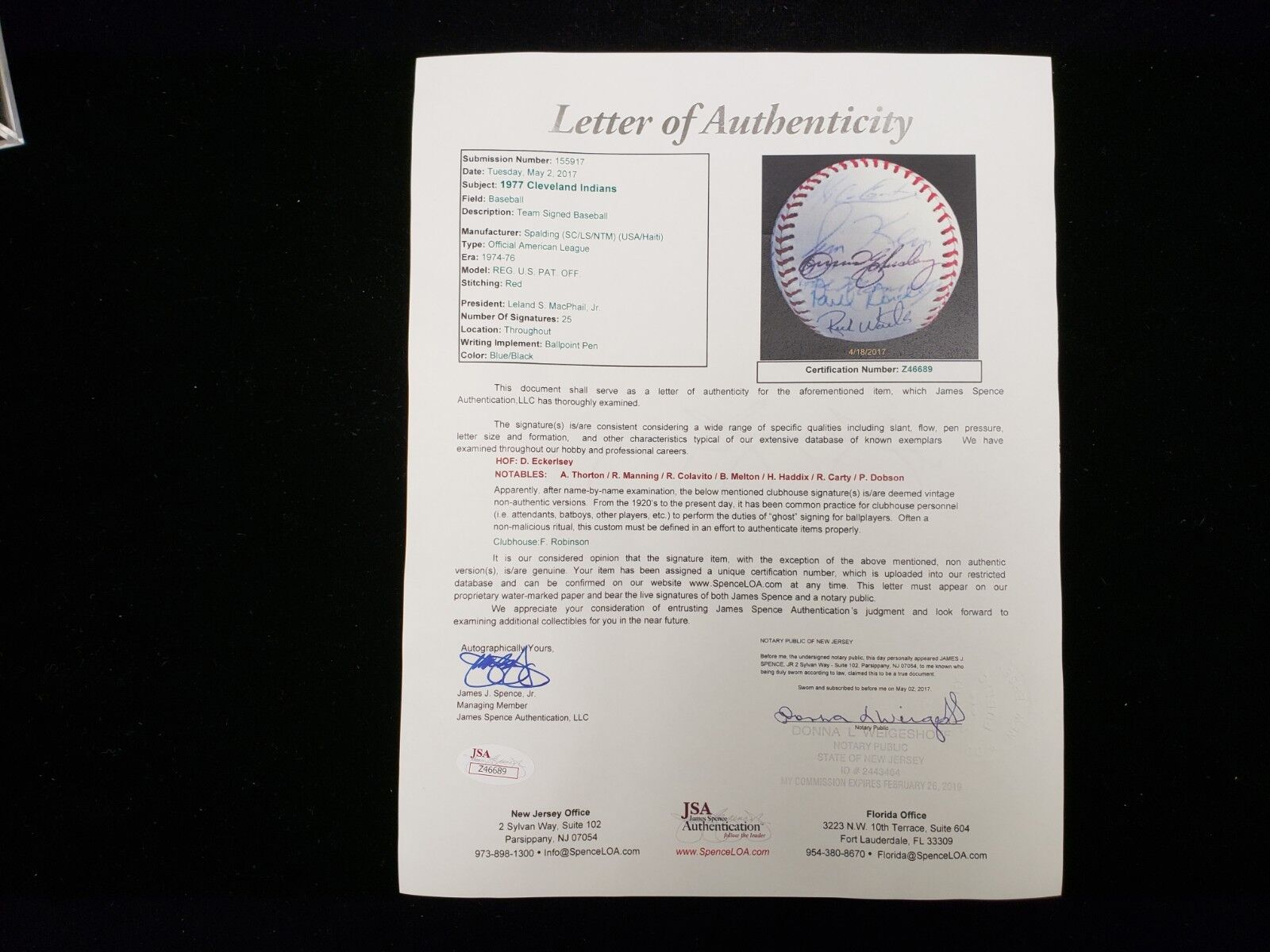 1977 Cleveland Indians Autographed Baseball - 25 Signatures - JSA LOA