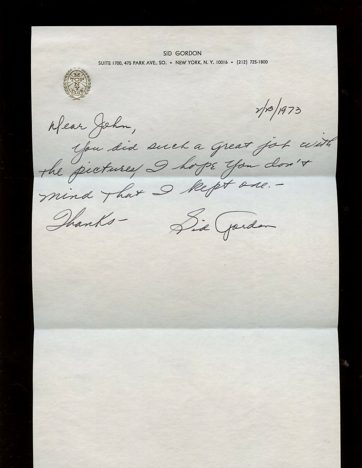 Sid Gordon NY Giants Personally Handwritten Signed Letter on Personal Stationary