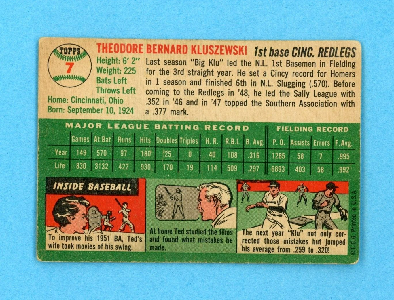 1954 Topps #7 Ted Kluszewski Cincinnati Redlegs Baseball Card VG