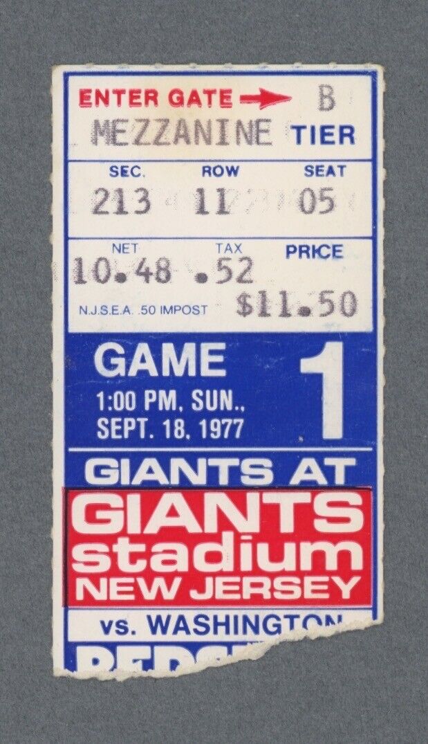 9/18/77 • Washington Redskins vs New York Giants • NFL Ticket Stub